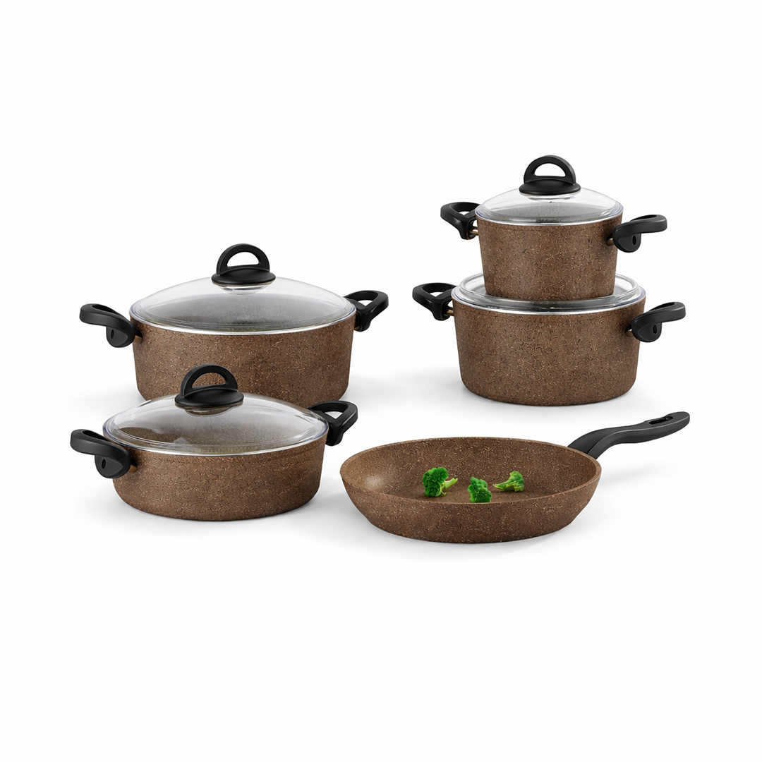 KB-28【新入荷　アウトレット】ケトル／ファラオ　ダイニング4点セット　ブラウン Falez Premium Brown 9 Pieces Cookware Set – Almuftah Center