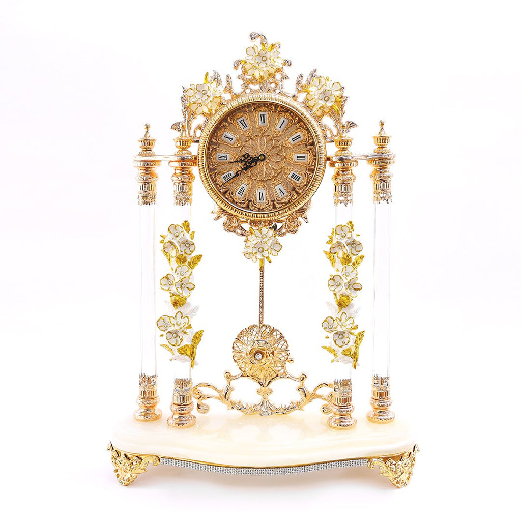 WHITE M.CLOCK W/WHITE FLOWERS 3NI-OT-371-PW