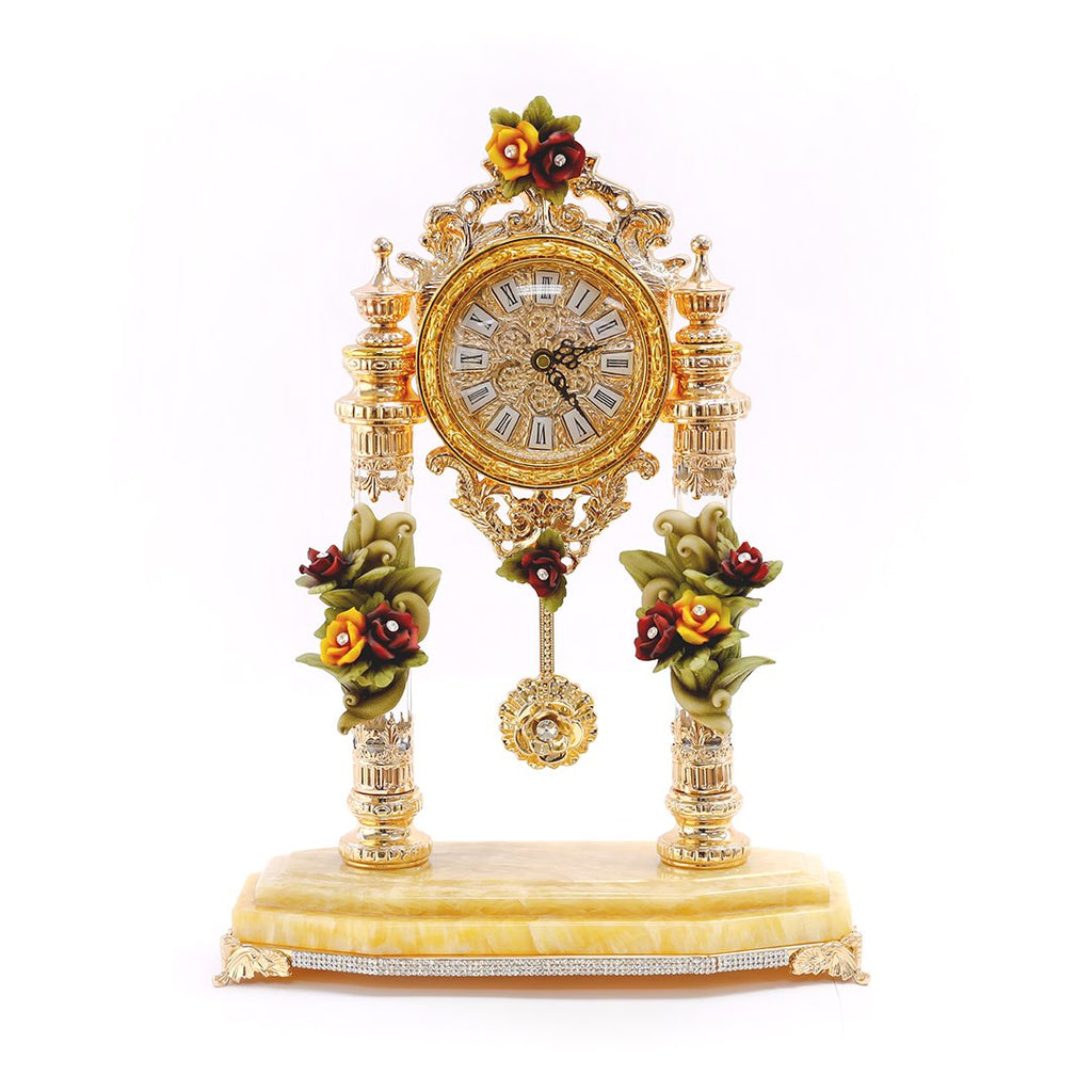 SMALL TABLE CLOCK W/RED & Y ROSES 3NI-OTW-374-R3