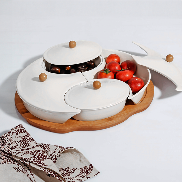Kosova 4 Pieces White Porcelain Breakfast Set With Bamboo Tray