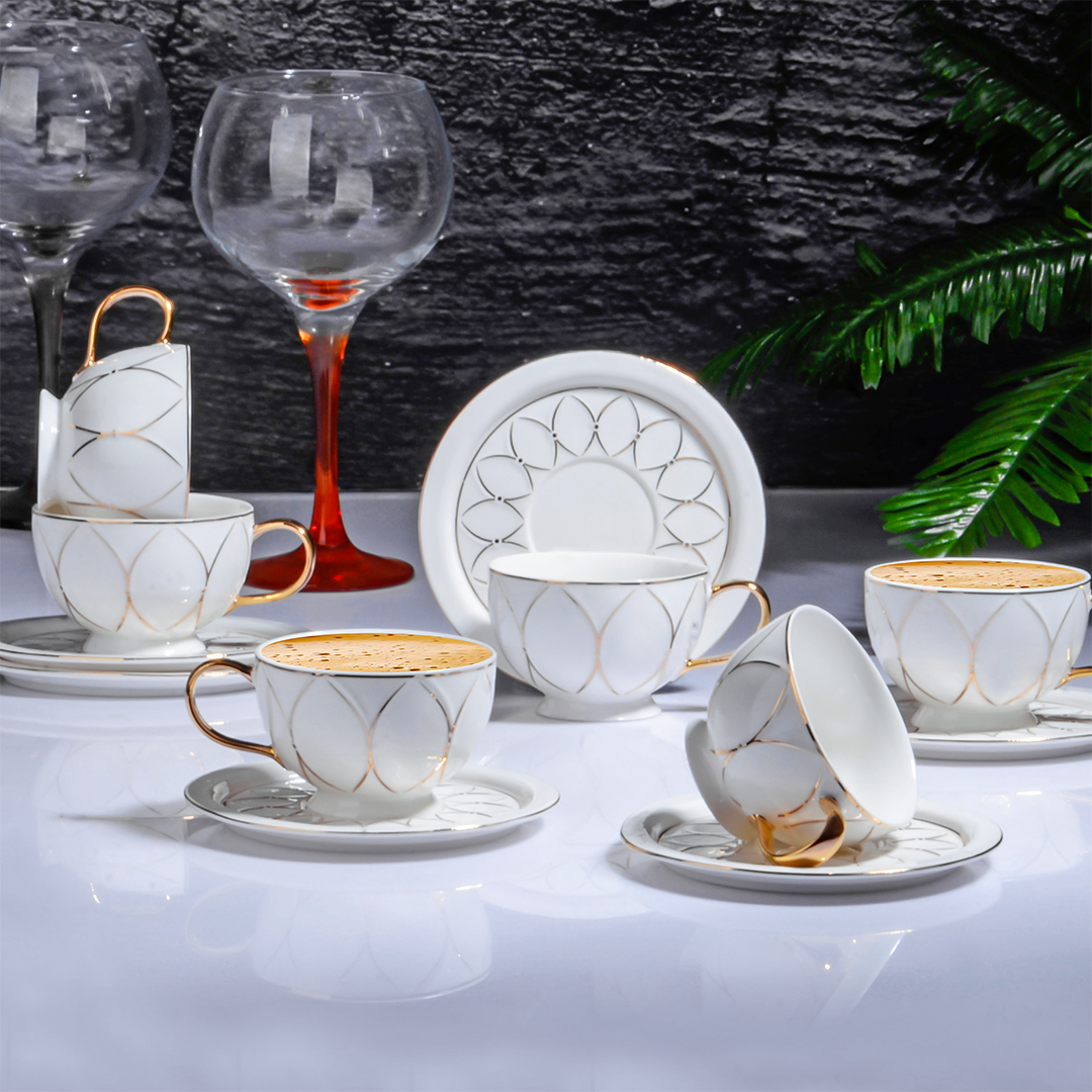 Kosova 6 Pieces Tea Porcelain Set With Saucers | '04206 | Cooking & Dining, Glassware, Tea Cup |Image 1