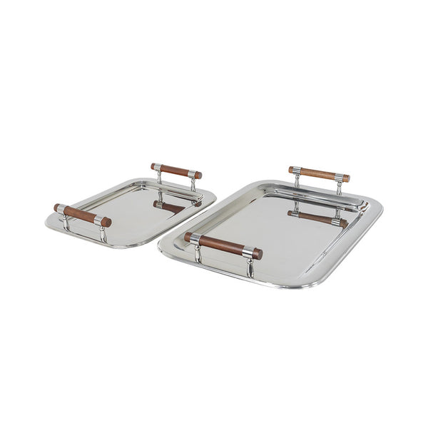 Alamode Rectangular Tray Set with Wooden Handle | Shiny Steel Finish