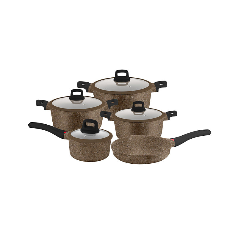 ALM Die Cast Cookware 9 Pcs Set – Assorted Brown & Grey ALM Die Cast Cookware 9 Pcs Set – Assorted Brown & Grey