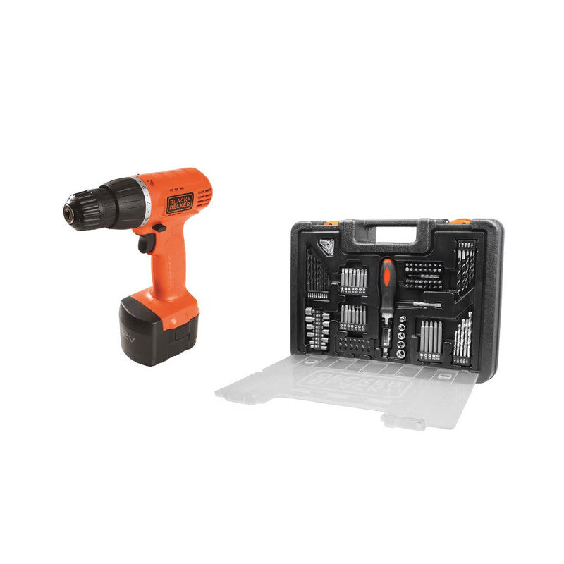 Black+Decker 12V Cordless Drill + Kit Box With Accessories 100Pcs