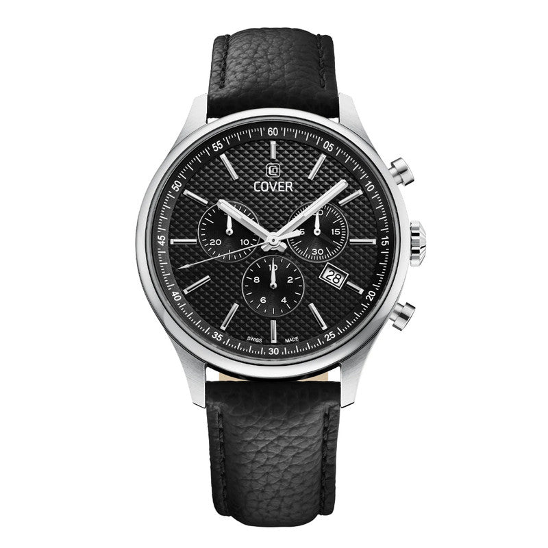 COVER Chapman Chrono II Stainless Steel Black Dial Silver Men’s Chronograph Watch with Leather Strap