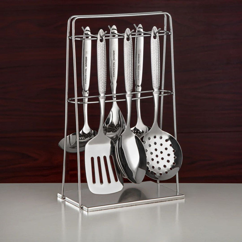 7-Piece Stainless Steel Kitchen Tool Set with Stand – Silver
