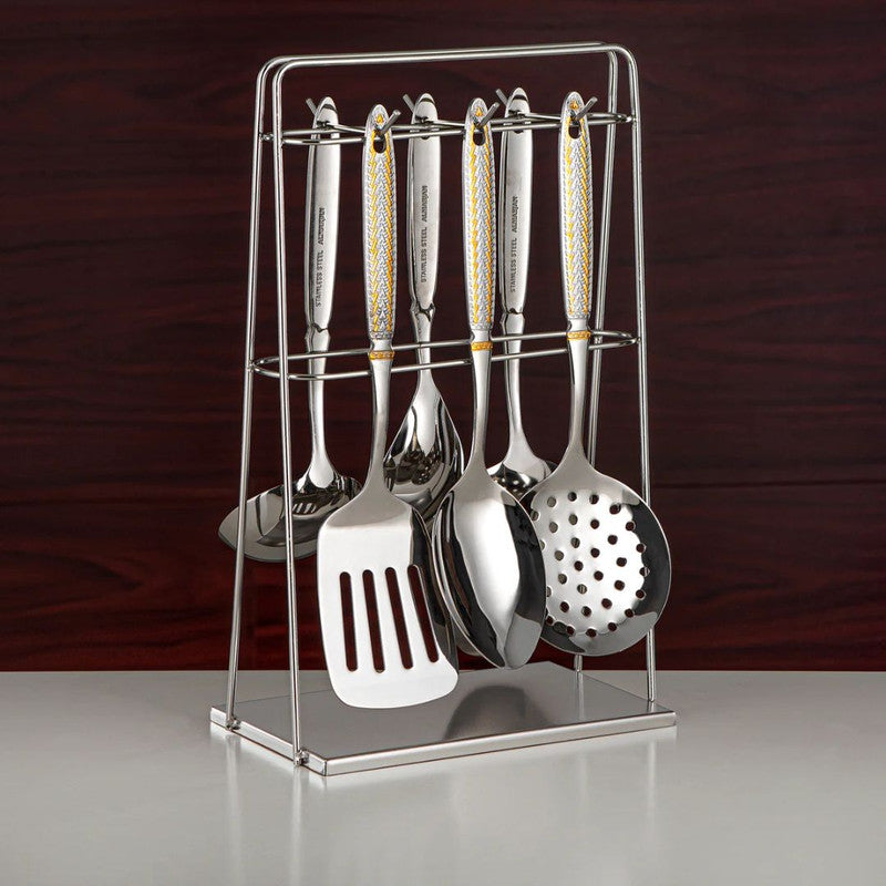 7-Piece Stainless Steel Kitchen Tool Set with Stand – Silver & Gold