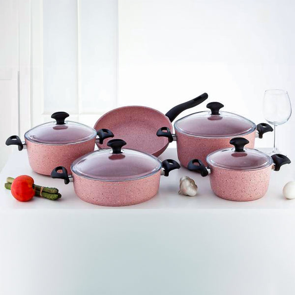 Falez Premium Granite 9 Pieces Pink Cookware Set