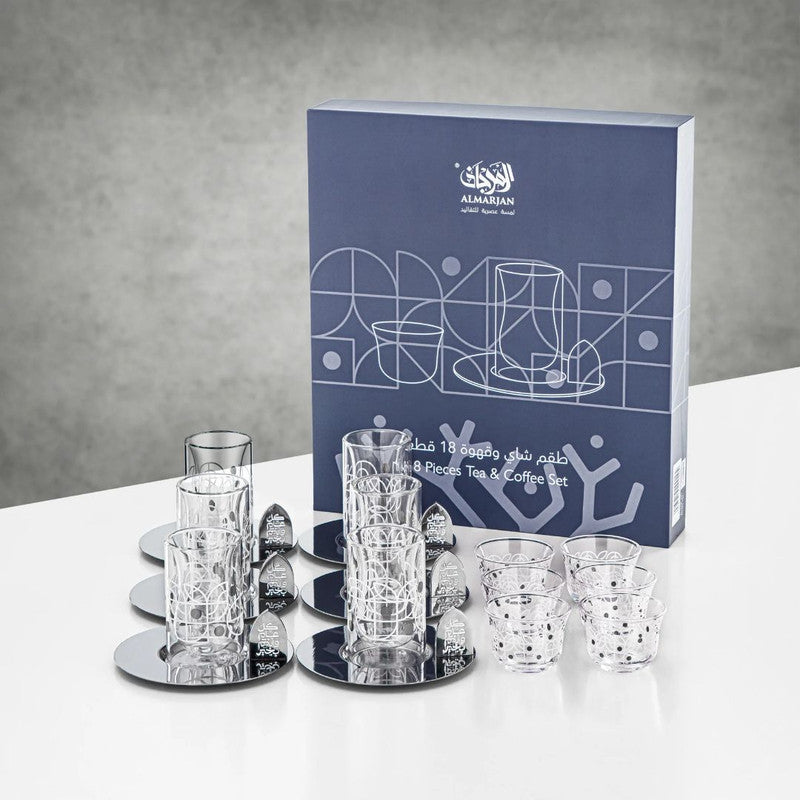 Tea & Coffee Glass Set 18 Pieces – White & Silver Pattern