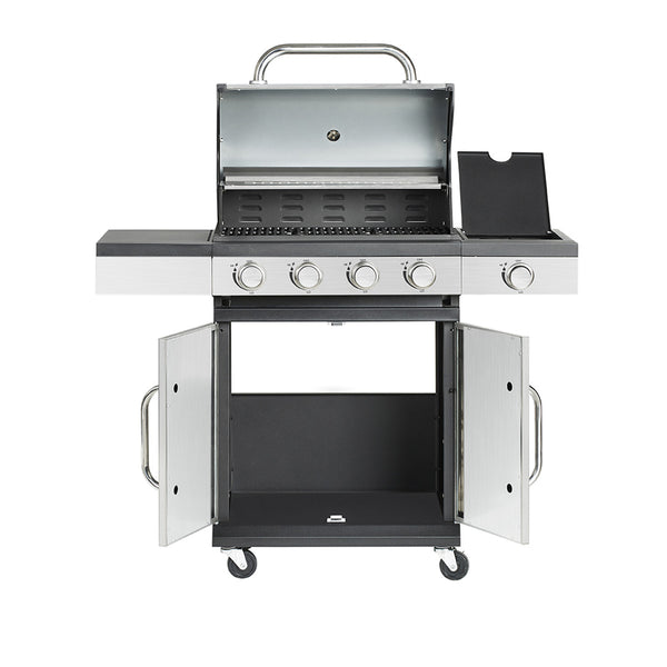 شواية غاز 4+1 من جيانغمين – من الفولاذ المقاوم للصدأ مع موقد جانبي وغطاء مزدوج الطبقات