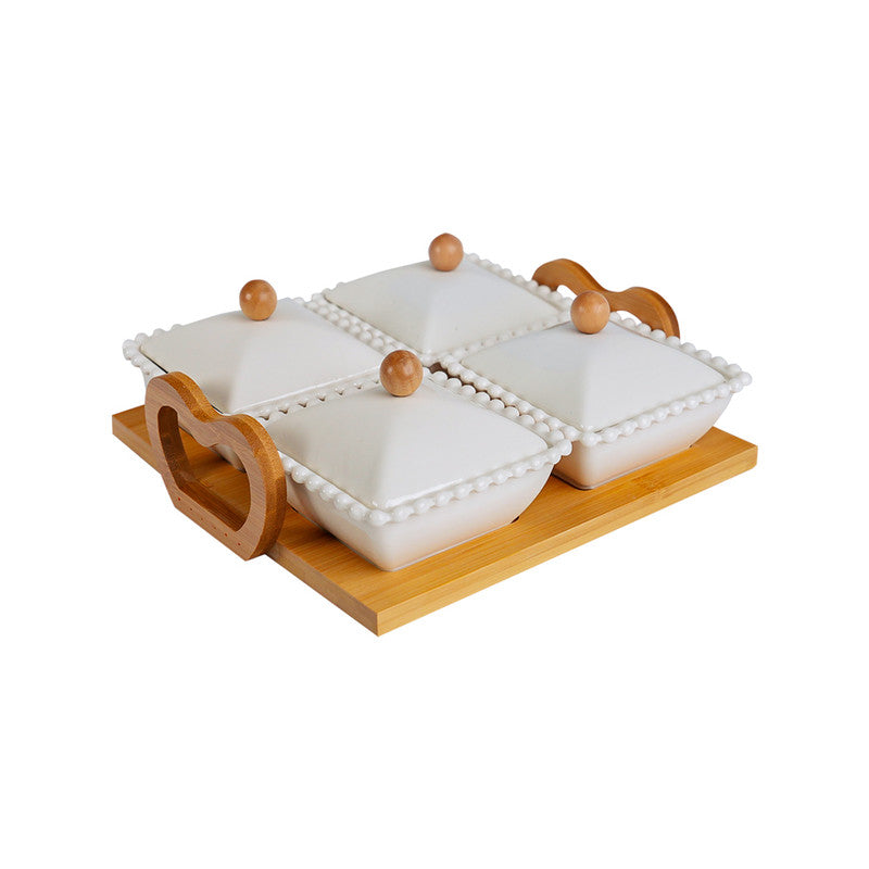 Red Cherry 4 Piece Dish With Bamboo Stand