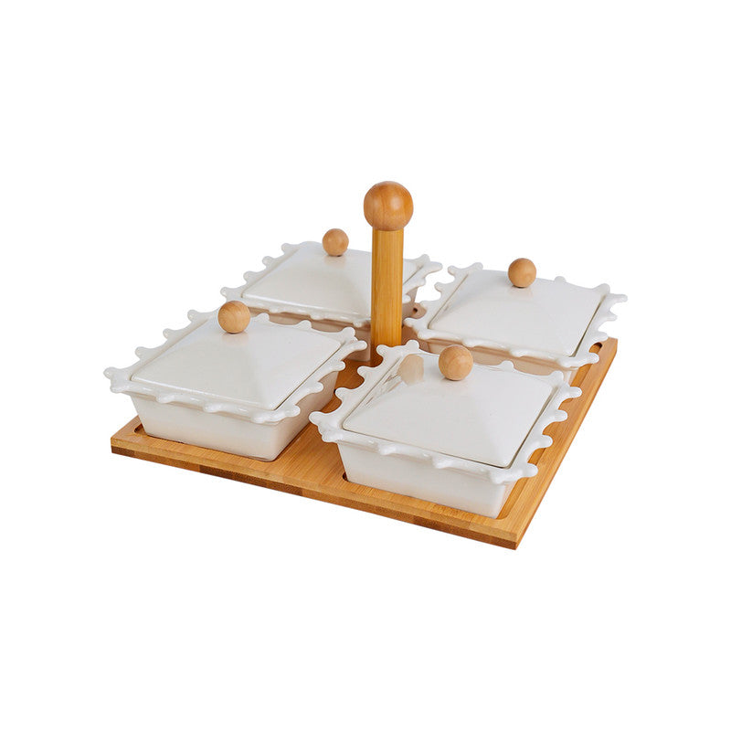 Red Cherry 4 Piece Dish With Bamboo Stand Red Cherry 4 Piece Dish With Bamboo Stand