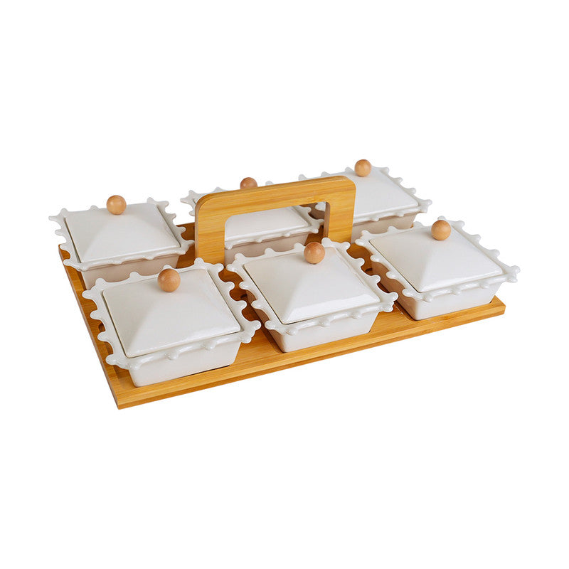Red Cherry 6 Piece Dish With Bamboo Stand Red Cherry 6 Piece Dish With Bamboo Stand