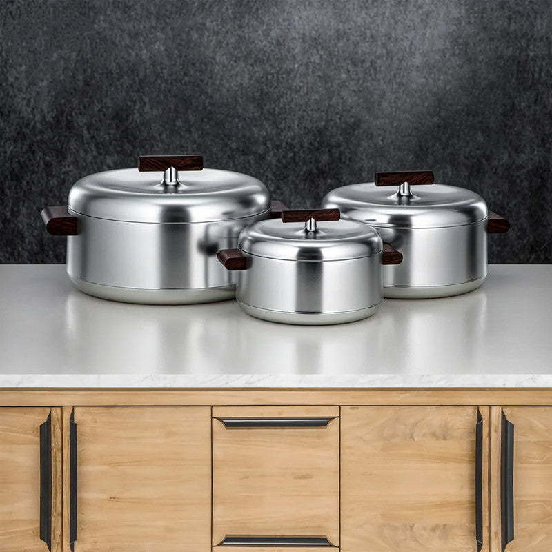 Hot Pot Set – 3-Piece ABS Insulated – Matte Silver & Dark Wood