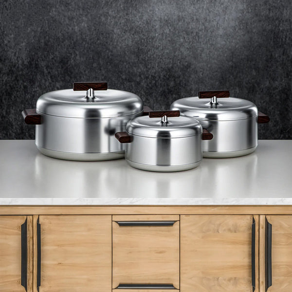 Hot Pot Set – 3-Piece ABS Insulated – Matte Silver & Dark Wood