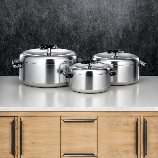 Hot Pot Set – 3-Piece ABS Insulated – Matte Silver & Black Marble