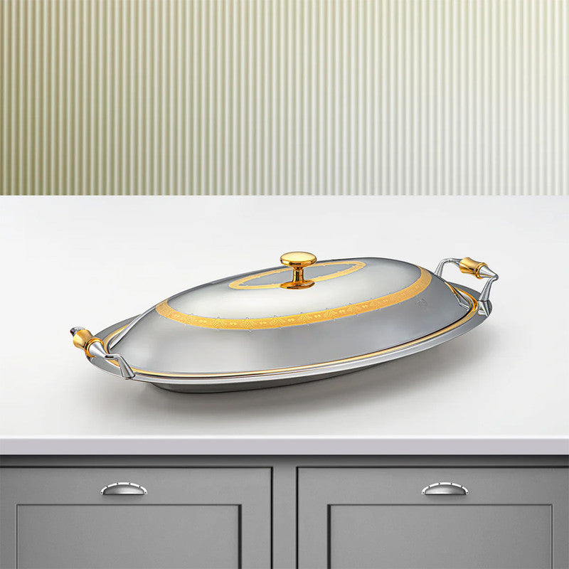 Crystal Silver & Gold Oval Stainless Steel Serving Tray with Cover