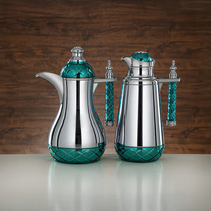 Silver & Green 2 Pieces Vacuum Flask Set