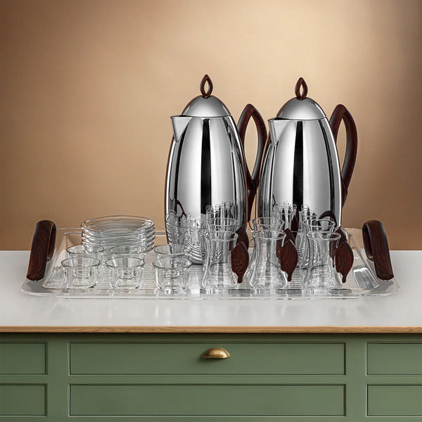 21-Piece Complete Vacuum Flask & Serving Set – Silver & Dark Wood