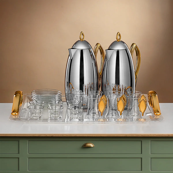 طقم تقديم كامل للترامس و الضيافة 21 قطعة – فضي مع ذهبي