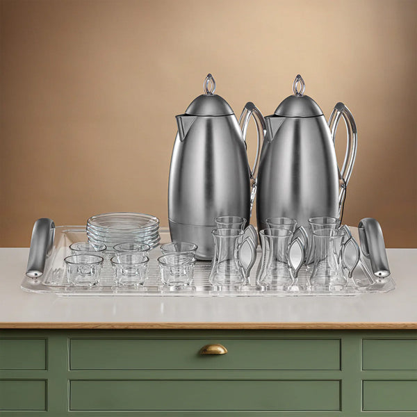 21-Piece Complete Vacuum Flask & Serving Set – Matte Nickel & Transparent