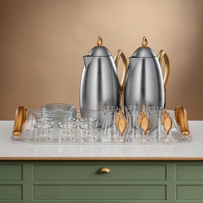 21-Piece Complete Vacuum Flask & Serving Set – Matte Nickel & Matte Gold