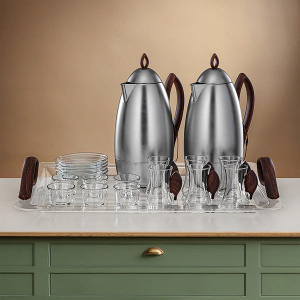 21-Piece Complete Vacuum Flask & Serving Set – Matte Nickel & Dark Wood