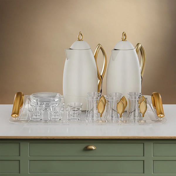 طقم تقديم كامل للترامس و الضيافة 21 قطعة – عاجي مطفي مع ذهبي مطفي