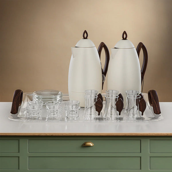 21-Piece Complete Vacuum Flask & Serving Set – Matte Ivory & Dark Wood