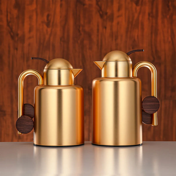 Vacuum Flask 2-Piece Set – Matte Gold & Dark Wood – 1L + 1.5L