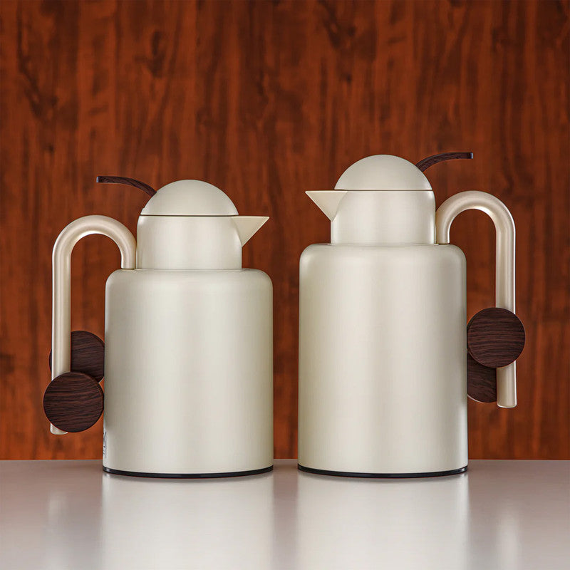Vacuum Flask 2-Piece Set – Pearl White & Dark Wood – 1L + 1.5L