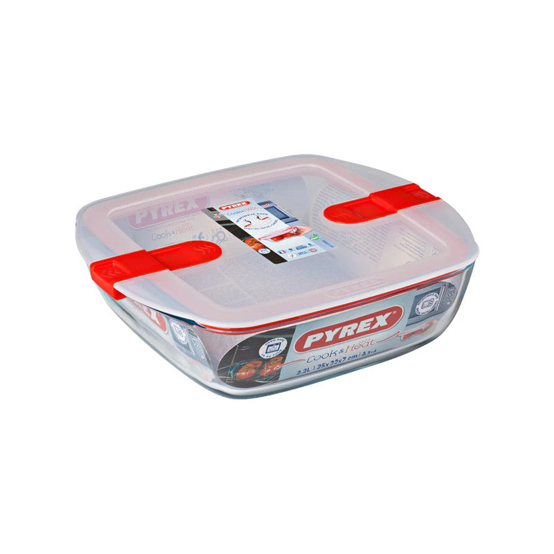 Pyrex 2.2L Cook & Heat Square Glass Food Container With Lid