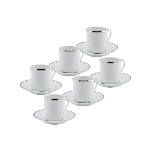 Depos White + Silver Rim Set 6 Coffee Cup + Plate | 804-TP-WS | Cooking & Dining | Coffee Cup, Cooking & Dining, Glassware |Image 1